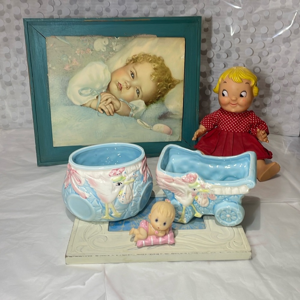 Vintage Rubens Stork baby nursery planters